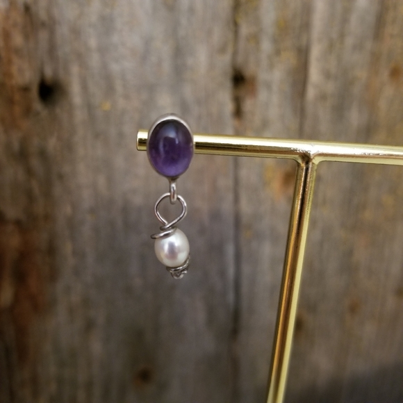 Sterling Silver Amethyst and Pearl Dangle Earrings - Picture 1 of 4